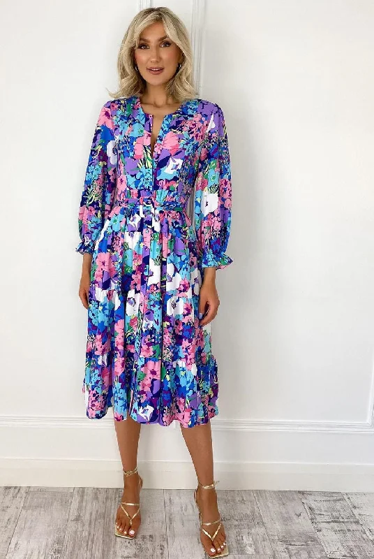 Deal of the Day elegant maxi dressOla Pink Blue Floral Print Belted Shirt Dress