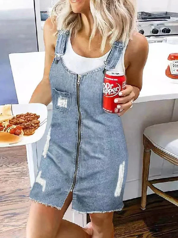 Overstock Sale fitted bodycon dressZip Pocket Suspenders Strap Denim Dress