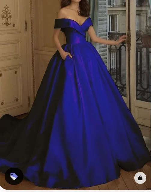 draped dressOff The Shoulder Royal Blue Satin Ball Gown Stunning Princess Dress Y310