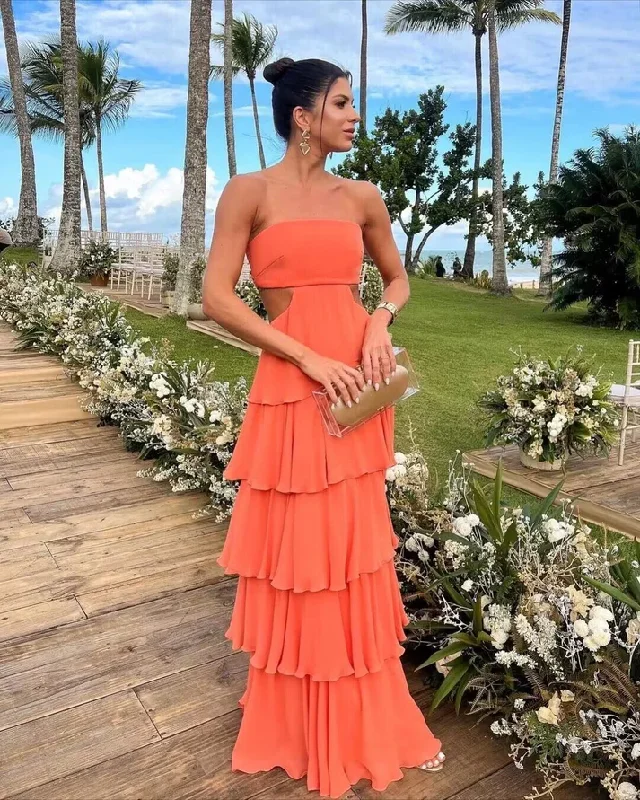 Special Price casual midi dressOrange Strapless A-Line Layers Backless Formal Party Dress, DP2437 Special Price casual midi dressOrange Strapless A-Line Layers Backless Formal Party Dress, DP2437