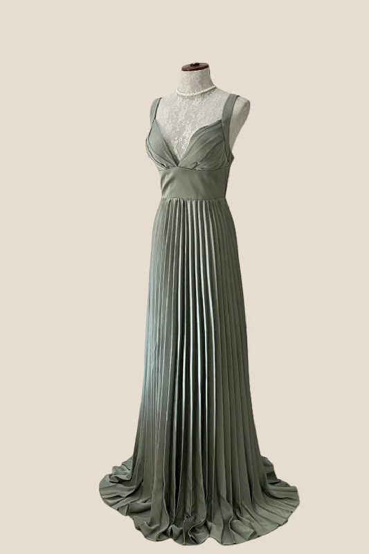 ruched dressV-neck Olive Green Pleated Long Chiffon Dress