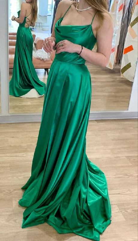 casual evening dressEmerald Green A-line Satin Long Prom Dress Lace-up Back Junior Prom Y634