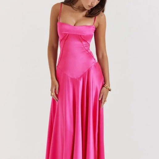 Instant Discount summer dressKittenAlarm - Faye Fitted-bodice Lace-up Satin Maxi Dress