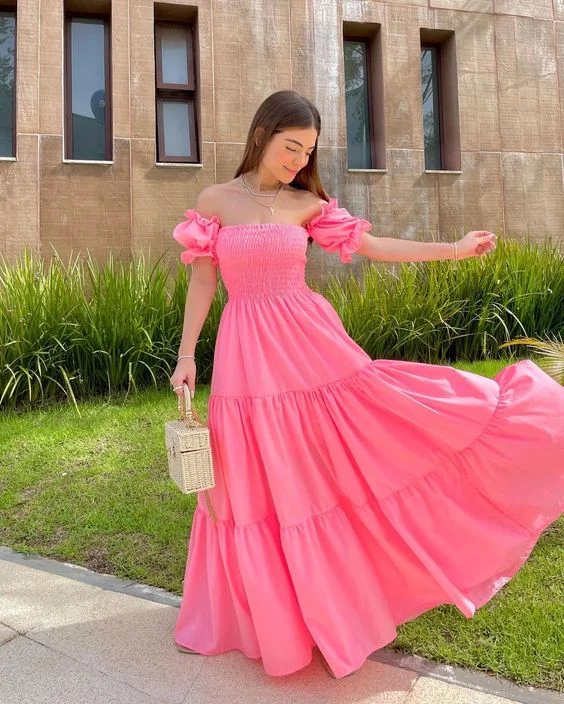 spaghetti strap dressFlounce Sleeve Off Shoulder Pink Prom Dress,Graduation Dress,Springtime New Style Y1329