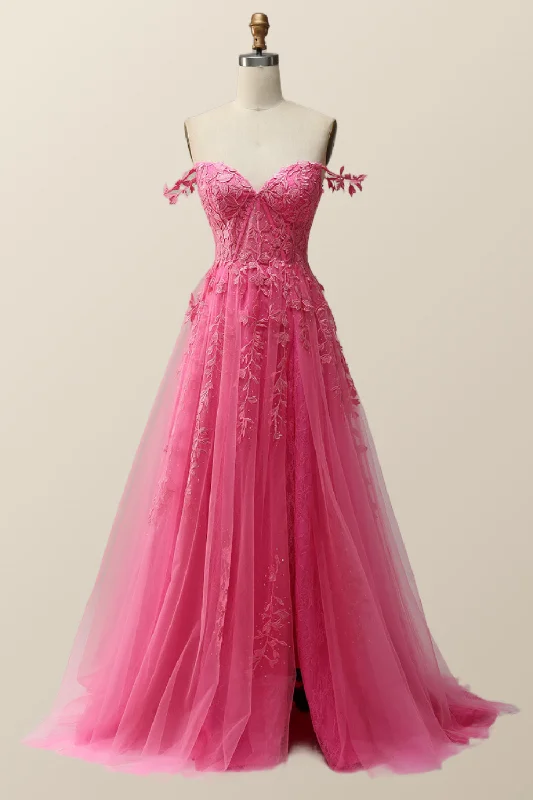 formal dressHot Pink Lace Appliques A-line Long Formal Gown