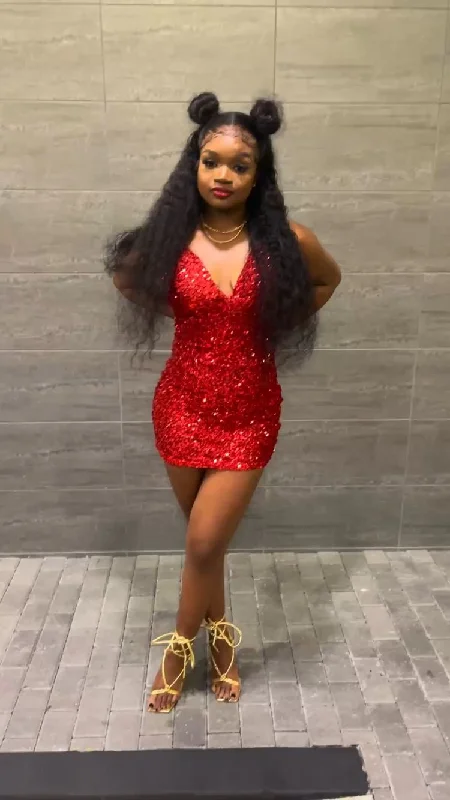 chic slip dress18th Birthday Outfit Red Sequins V Neck Homecoming Dress For Black Girls Y324