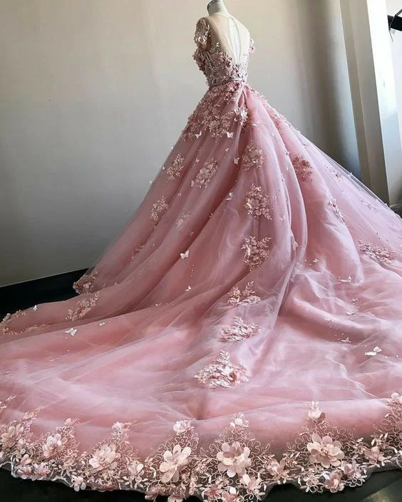 structured dressPink 3D Flowers With Court Train,Pink Ball Gown  Wedding Dress Bridal Gown Y1406