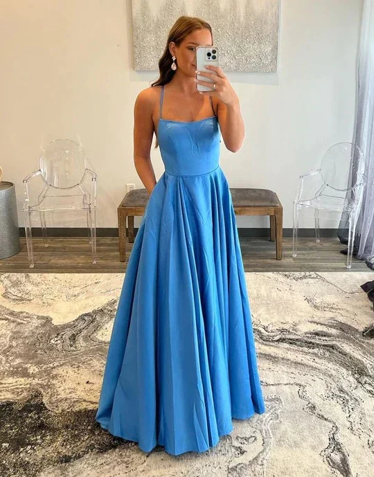 off-shoulder dressSimple Blue Spaghetti Straps Backless A-Line Prom Dresses Y468