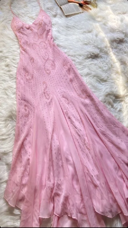 Overstock high-waisted dressLight Pink V Neck Beading Ruffle Vintage Party Dress, DP2521