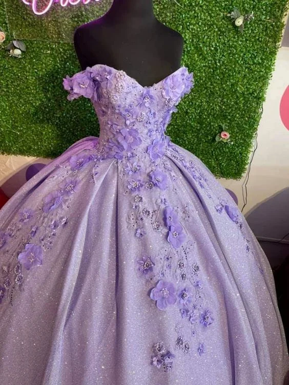 summer dressLavender ball gown off the shoulder with 3d flowers sweet 16 dress Y473