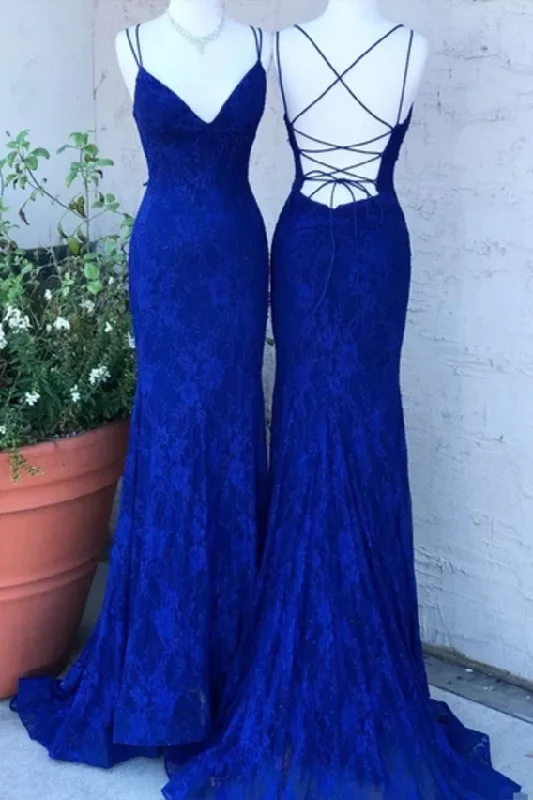 modern dressSpaghetti Crossed Straps Royal Blue Mermaid Prom Dresses V Neck Lace Formal Dresses Y1192