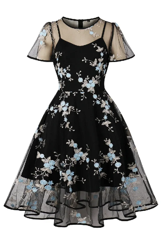 bodycon dressMesh Black and Blue Floral Embroidery Dress