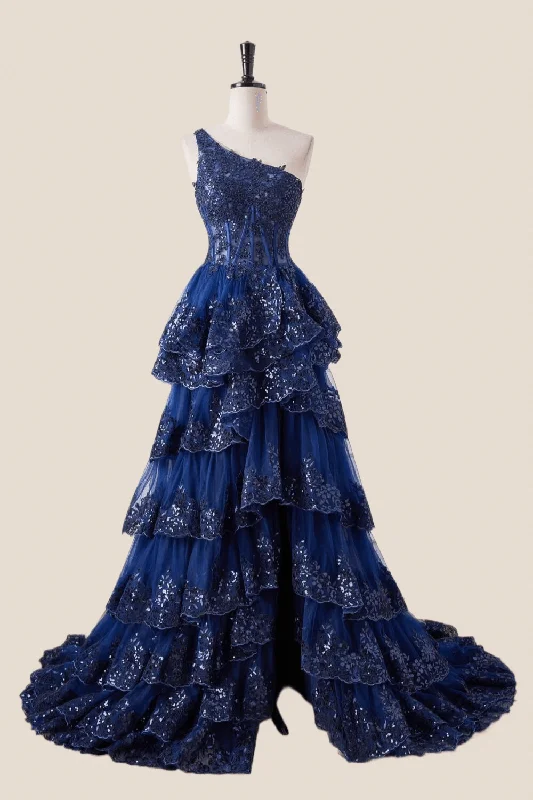 statement dressOne Shoulder Navy Blue Appliques Ruffles Long Formal Dress