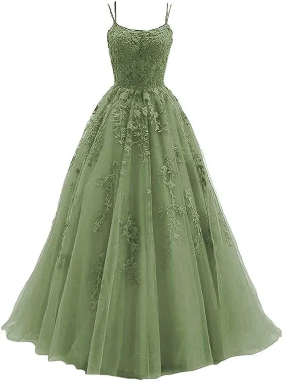 luxury dressWomen's Lace Applique Tulle Long Straps Cross Back Long Party Dress, Green Junior Prom Dress Y611