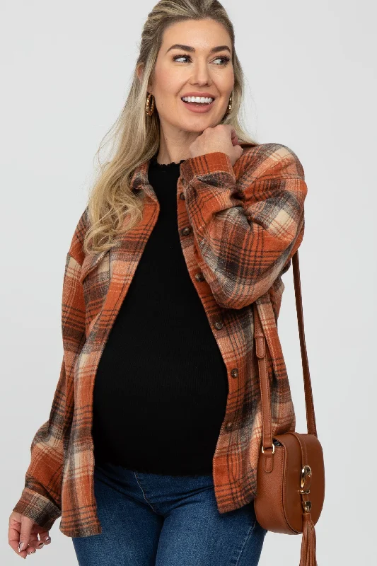 Daily Deals Rust Plaid Maternity Shacket