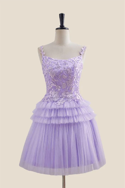 chic dressStraps Lavender Appliques Tiered Short Dress