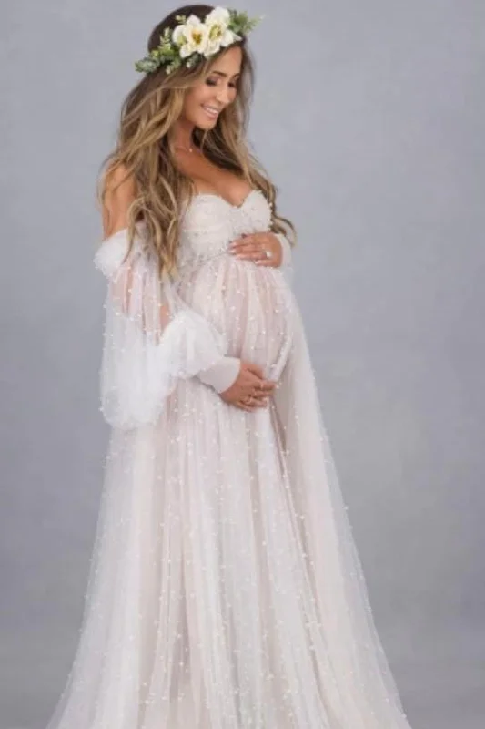 Steals and Deals A-line Long Sleeve  Lace Tulle off-the-shoulder Pregnant Woman Wedding Dress GJS4834