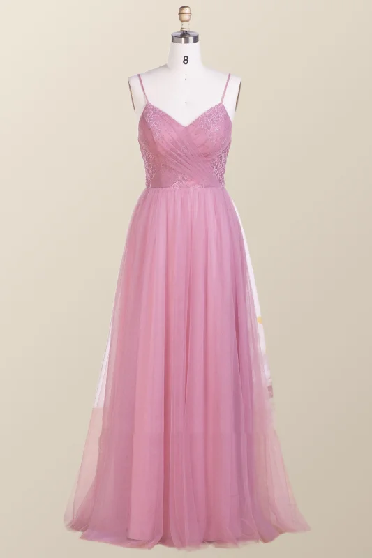 casual dressStraps Blush Pink Pleated Tulle Long Bridesmaid Dress