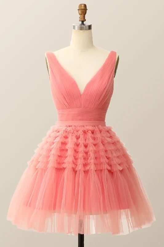 cocktail dressV Neck Coral Ruffle A-line Short Homecoming Dress