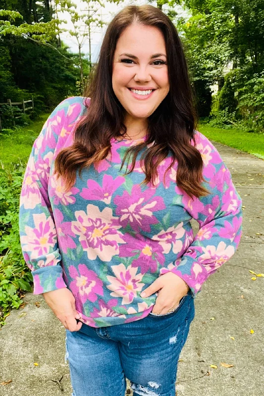 Daily Specials Feeling Femme Teal Floral Brushed Hacci Sweater Top (Open Pack)
