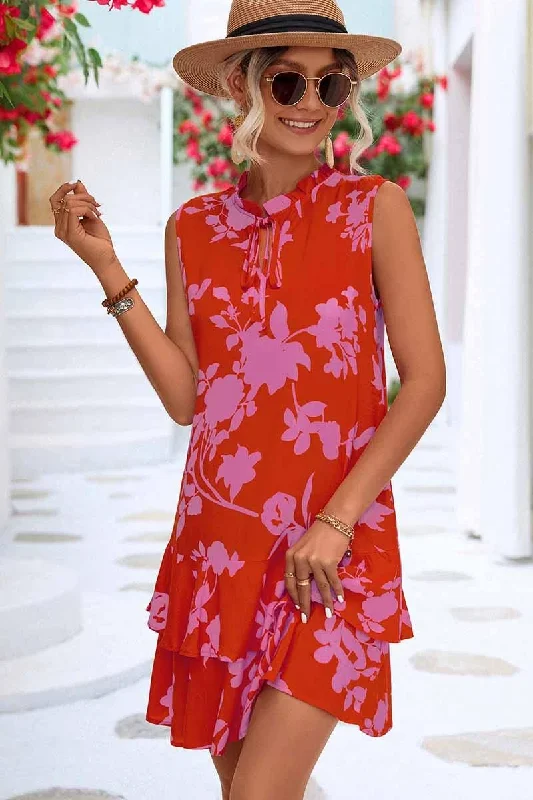 Doorbuster Deal t-shirt dressNATURE PATTERN TIED NECK SHORT RUFFLED DRESS