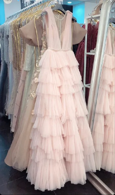 floral wrap dressA-line Pink Tulle Tiered Long Prom Dress For Teens Y1253