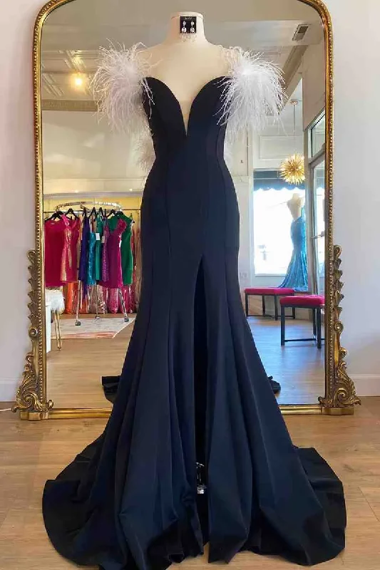 bohemian dressLong Black High Slit Prom Dress with White Feather Y872