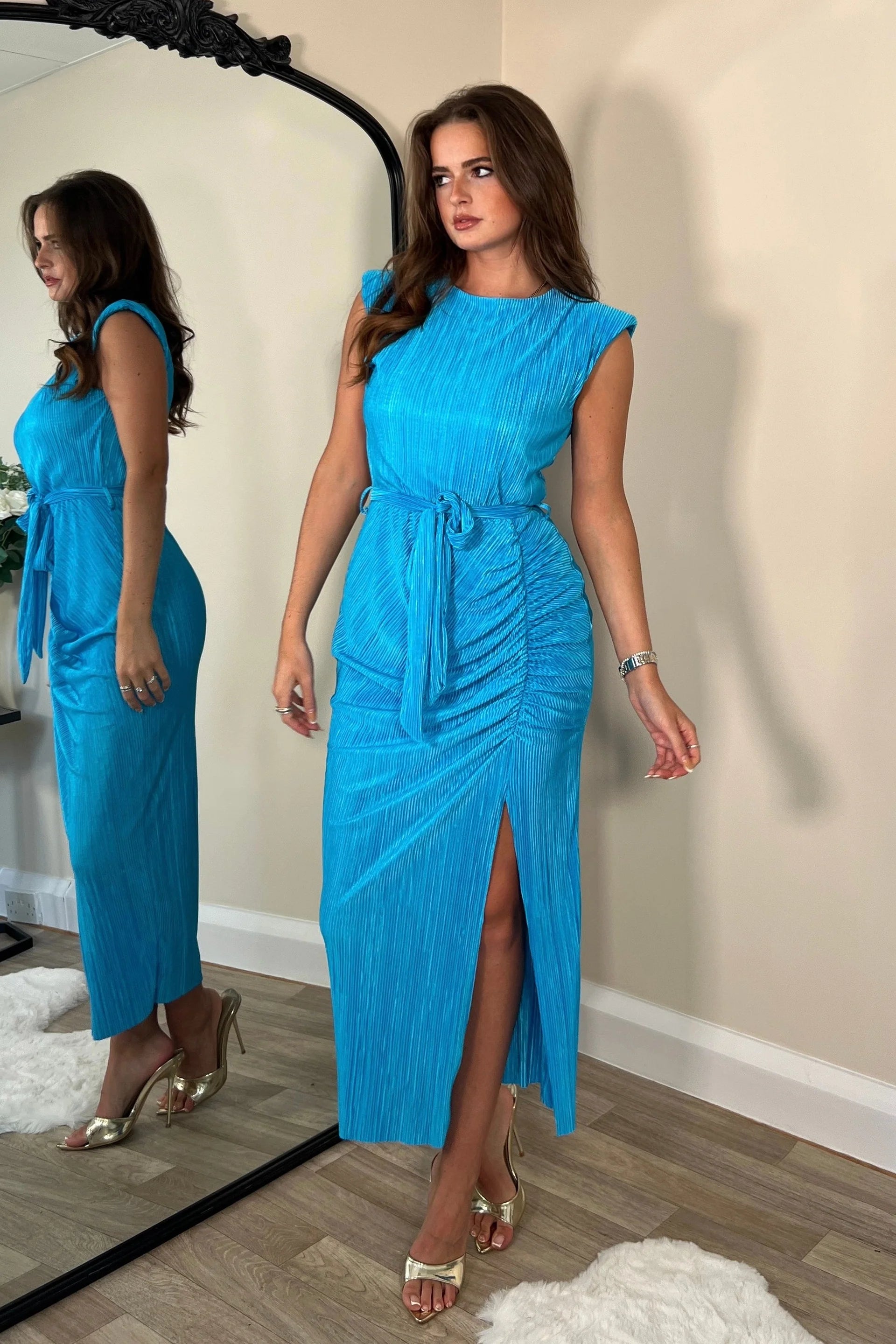 Unbeatable Prices A-line dressElena Blue Ruched Seamed Belted Midi Dress