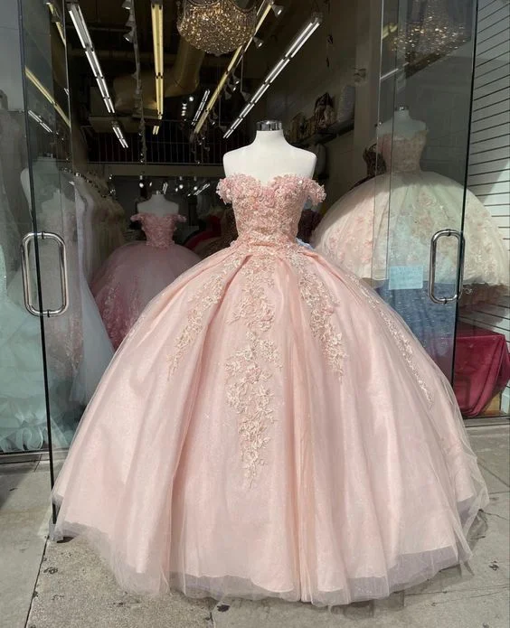 floral wrap dressOff The Shoulder Pink Quinceanera Dresses Lace Applique Sweet 16 Dress Ball Gown Y395