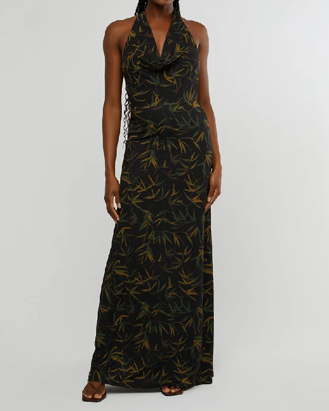 Deal of the Week denim dressCowl Halter Vintage Leaves Maxi Dress