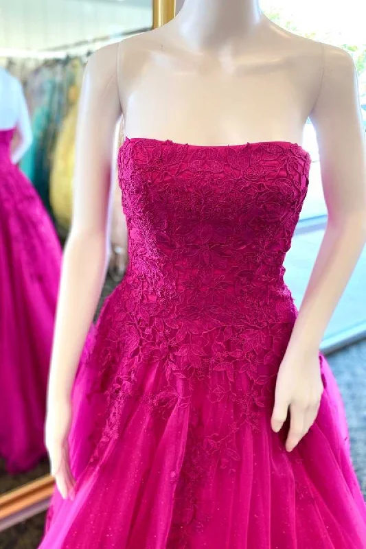 ashionable dressA-Line Strapless Fuchsia Appliques Long Formal Dress Y832