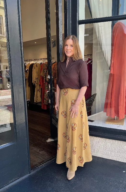 Online Specials Hanley Midi Skirt Caramel Peacock Embroidered