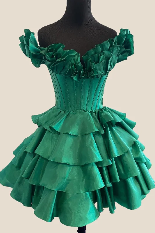 A-line dressOff the Shoulder Green Ruffles A-line Short Dress