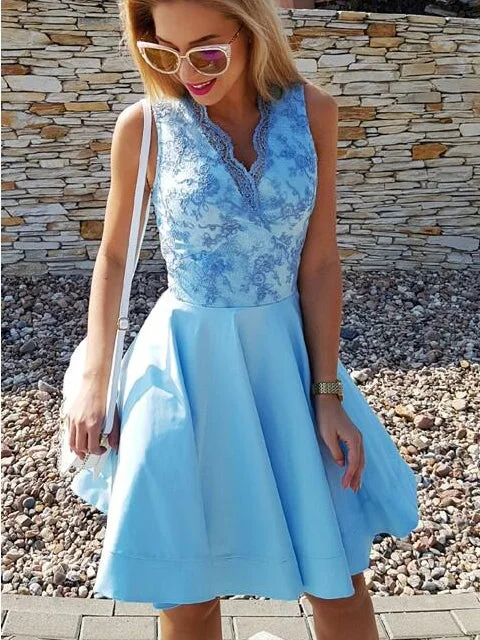 Holiday Sale Sexy Homecoming Dress V-neck Satin Lace Short Prom Dress Party Dress JK555