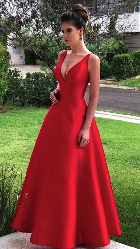 stylish dressElegant A-line V-neck Red Satin Prom Dresses, Formal Gown Y1087