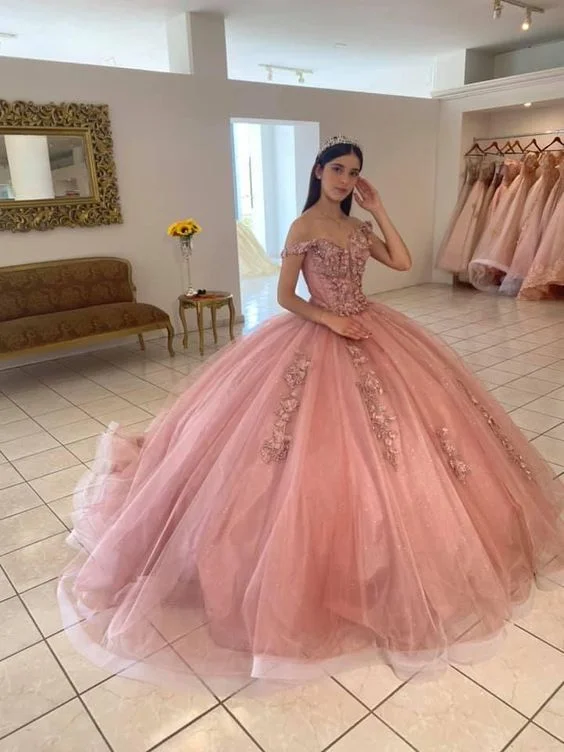 fitted dressSweet 16 Pink Quinceanera Dresses With Lace Applique Off Shoulder Ball Gown Y469