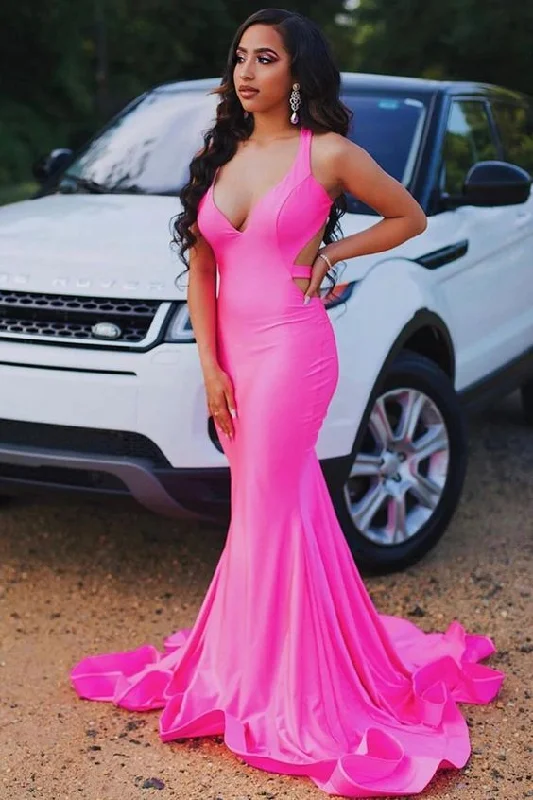 puff sleeve dressSleeveless Hot pink Criss-cross Back Mermaid Long Train Prom Dresses Y1032