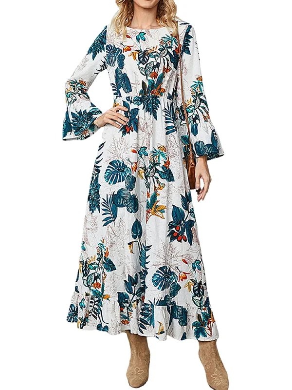 Buy Now fitted cocktail dressKittenAlarm - Boho Plants Printing High Waist Flare Sleeve Midi Dress