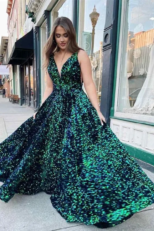 knit dressSparkly Dark Green Sequins Long Prom Dress with Pockets Y347