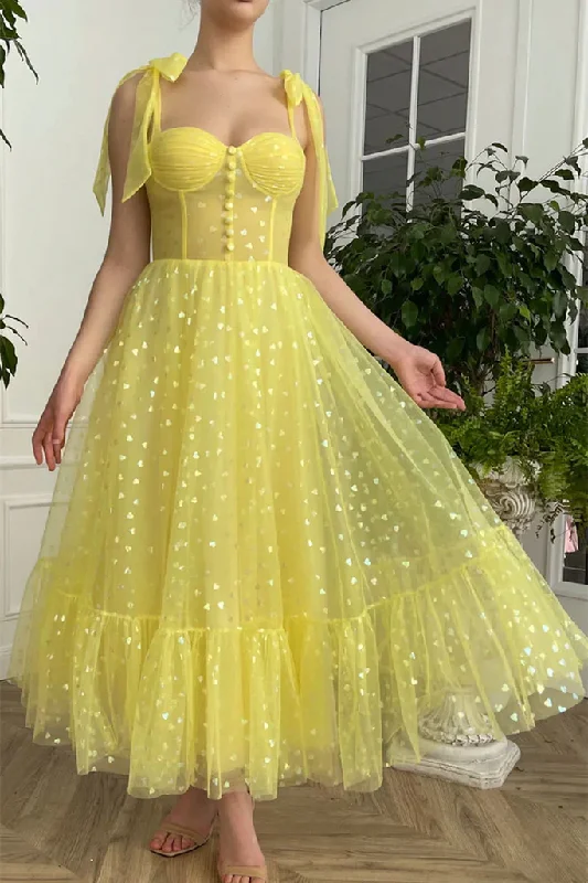 party dressElegant Yellow Tulle Tea Length Prom Dress, Sweetheart Neck Yellow Formal Graduation Dress Y208