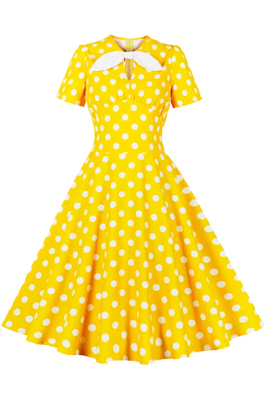 chic shift dressYellow and White Polk Dots Bow Swing Dress