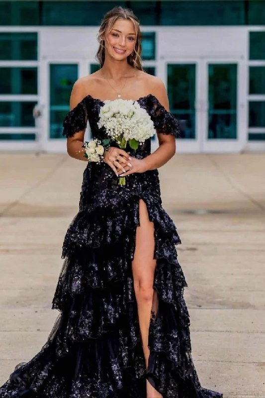 casual knit dressBlack Sequin Tulle Mermaid Ruffles Long Prom Dress