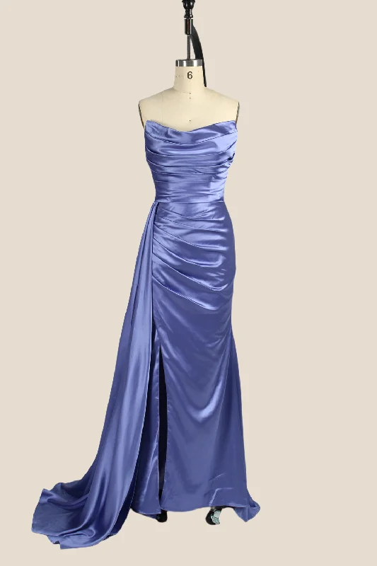 elegant dressSmoky Blue Ruched Long Dress with Slit