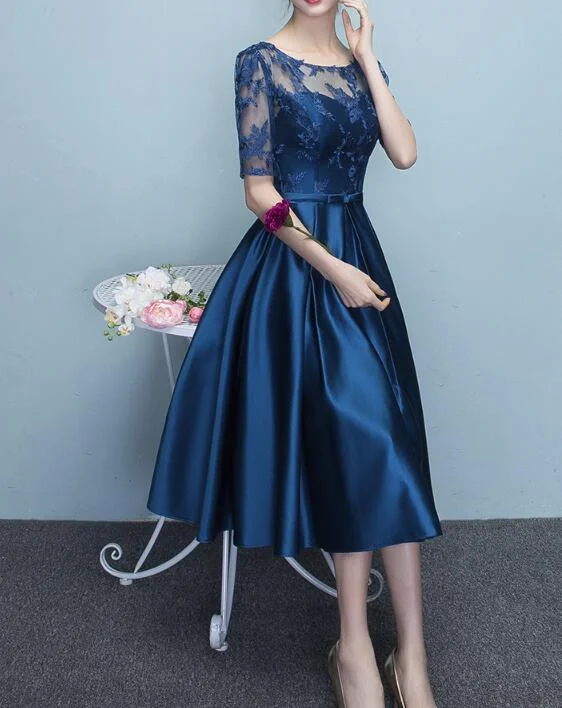 puff sleeve dressBlue Short Sleeves Tea Length Prom Dress, Blue Bridesmaid Dresses, Wedding Party Dresses Y1323