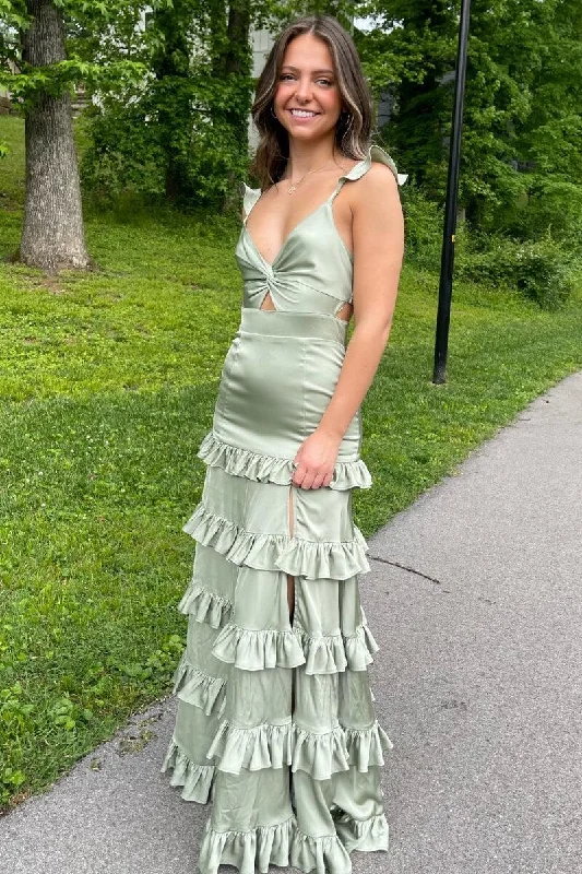 Can't Miss trendy bodycon dressSage A-Line Ruffles Tiered A-Line Satin Long Prom Dress, DP2570