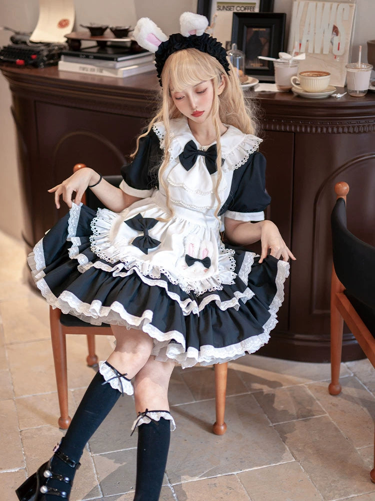 flowy maxi dressOCELOT~Leopard Bunny~Classic Maid Lolita OP with Apron and KC