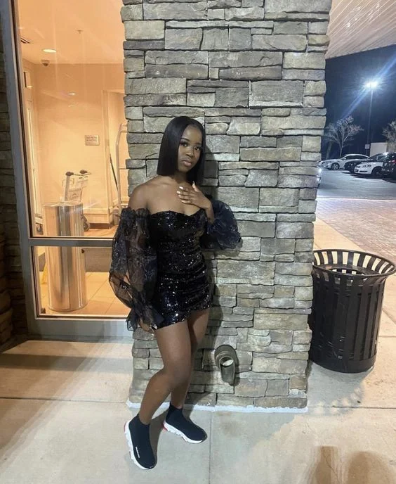 modern dress18th Birthday Outfit Dress For Black Girls,Black Sequins Short Homecoming Dress,Removable Sleeves Y1384