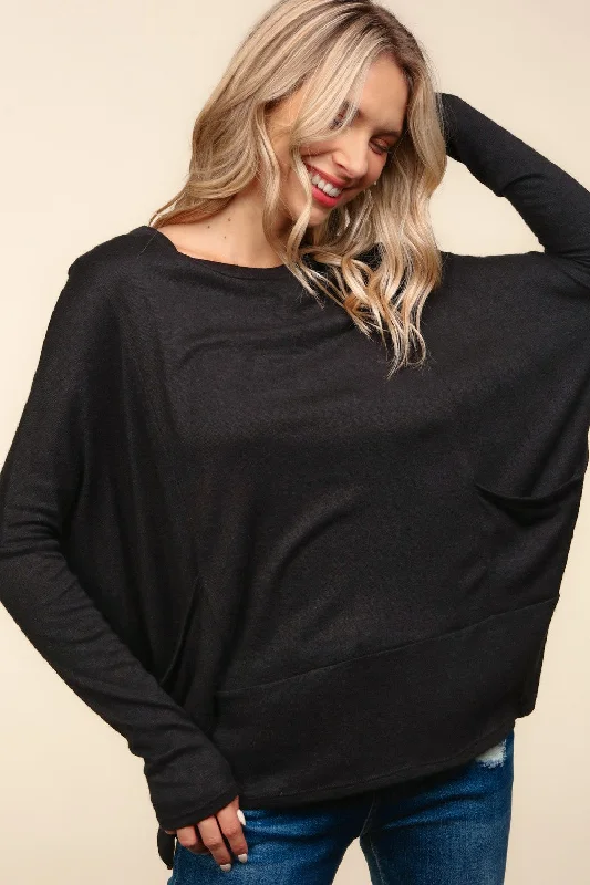 sporty outerwearPLUS BLACK DOLMAN LONG SLEEVE OVERSIZED SWEATER KNIT TOP