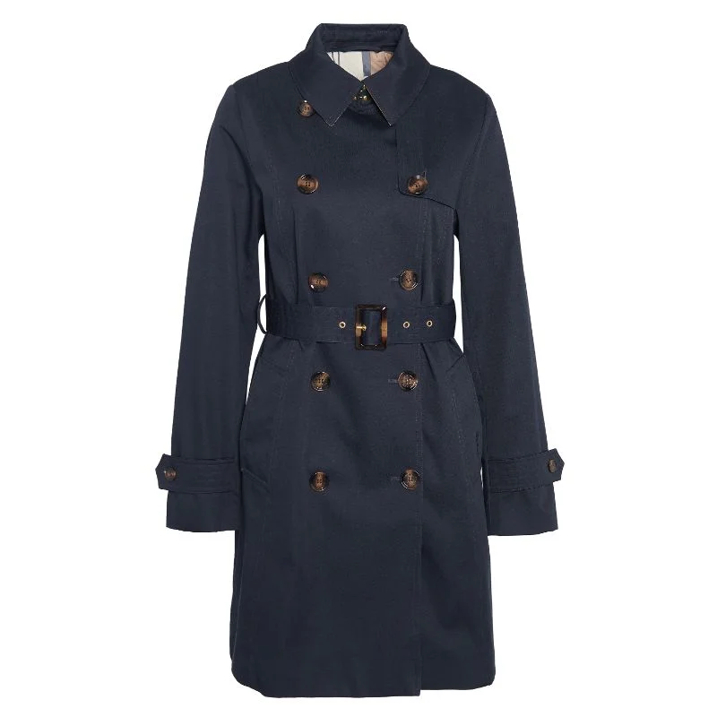 lightweight outerwearBarbour Short Greta Ladies Showerproof Trench - Dark Navy/Primrose Hessian