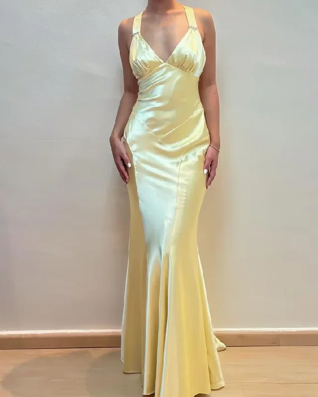 Deep Discounts boho-chic dressLight Yellow V Neck Vintage Mermaid Long Party Dress, DP2448 Deep Discounts boho-chic dressLight Yellow V Neck Vintage Mermaid Long Party Dress, DP2448